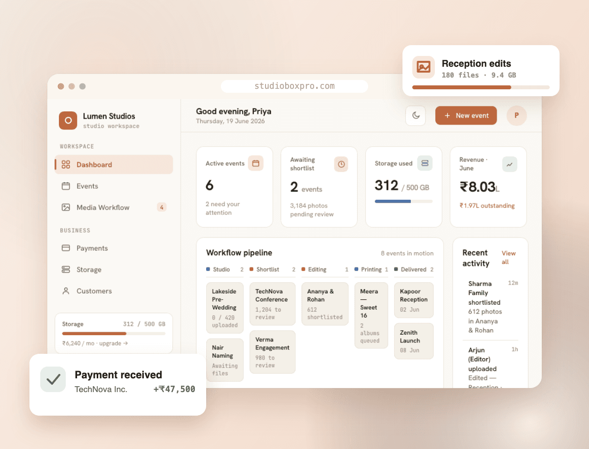 StudioBox dashboard with events, workflow pipeline, storage, and revenue overview